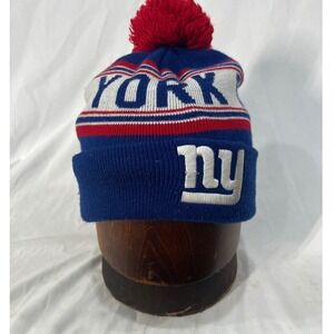 NFL Team Apparel New York Giants Youth Beanie Knit Hat Blue Red Pom Pom One Size